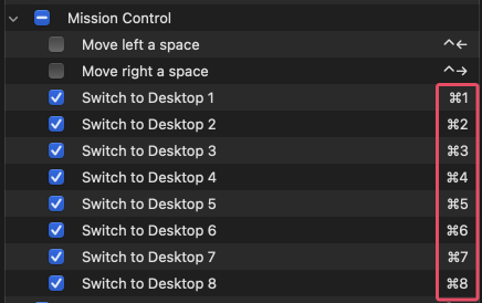 screenshot of Mission Control shortcuts in System Preferences -> Keyboard -> Keyboard Shortcuts...